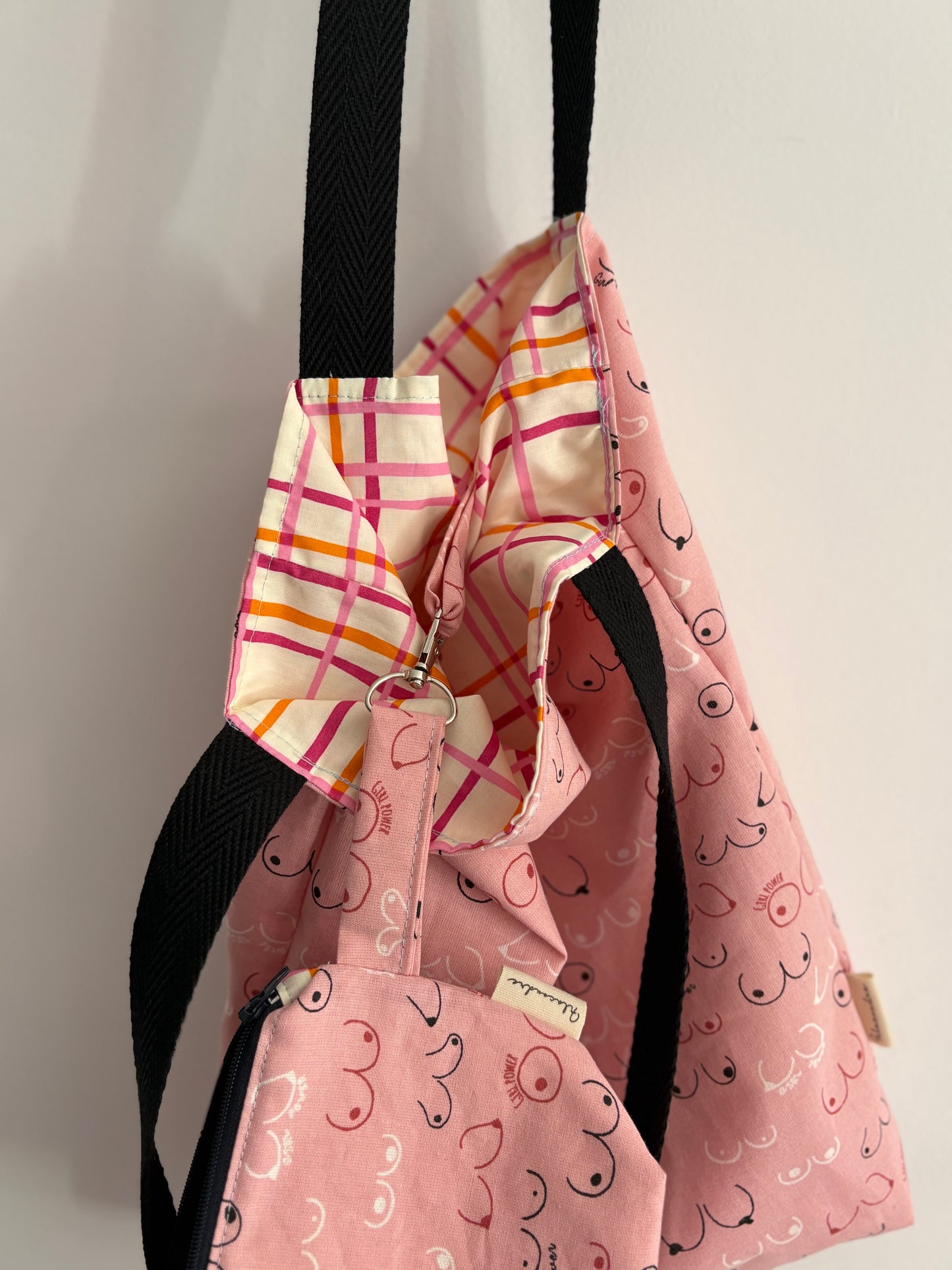 Tote bag de algodón con neceser extraíble tetas girl power - hecho a mano