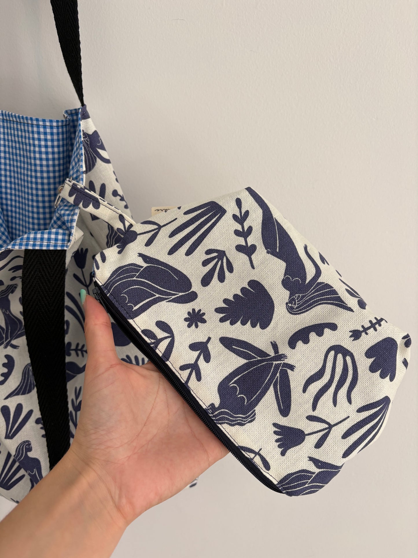 Tote bag de algodón con neceser extraíble mujer y flores - hecho a mano