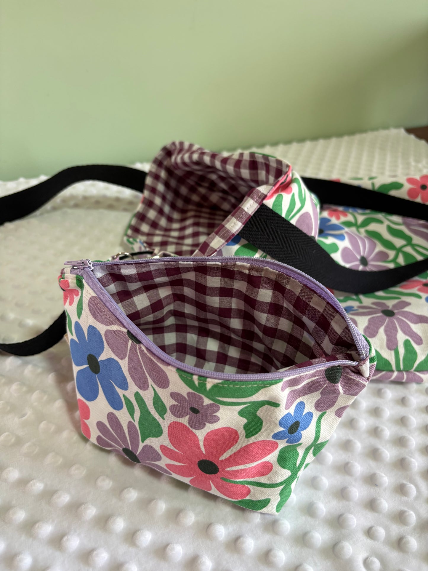 Tote bag de algodón con neceser extraíble flores lilas - hecho a mano