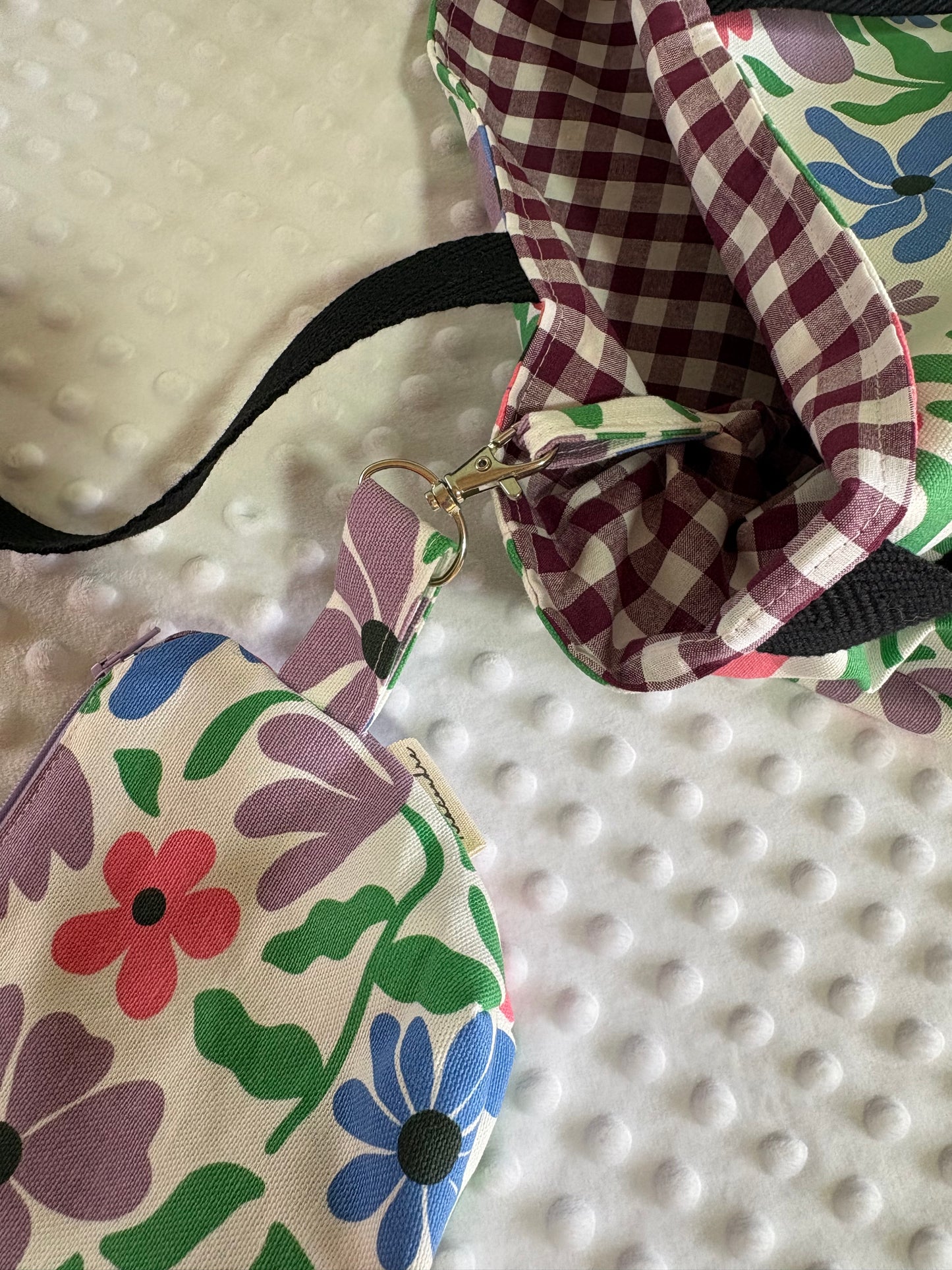 Tote bag de algodón con neceser extraíble flores lilas - hecho a mano
