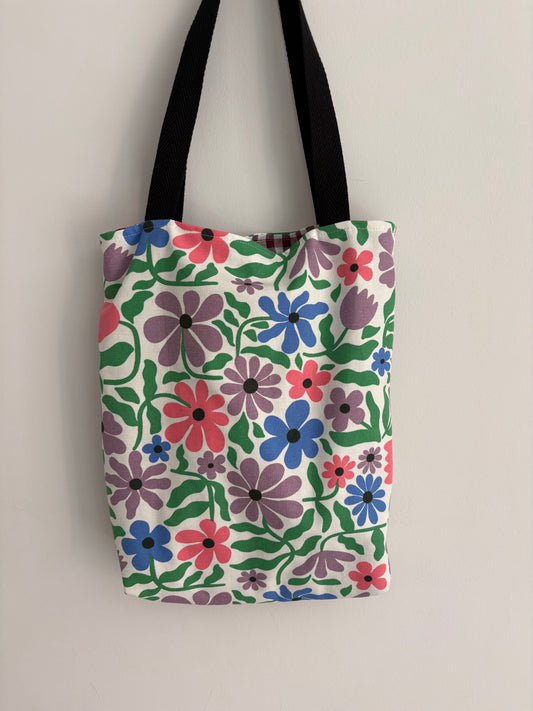 Tote bag de algodón con neceser extraíble flores lilas - hecho a mano