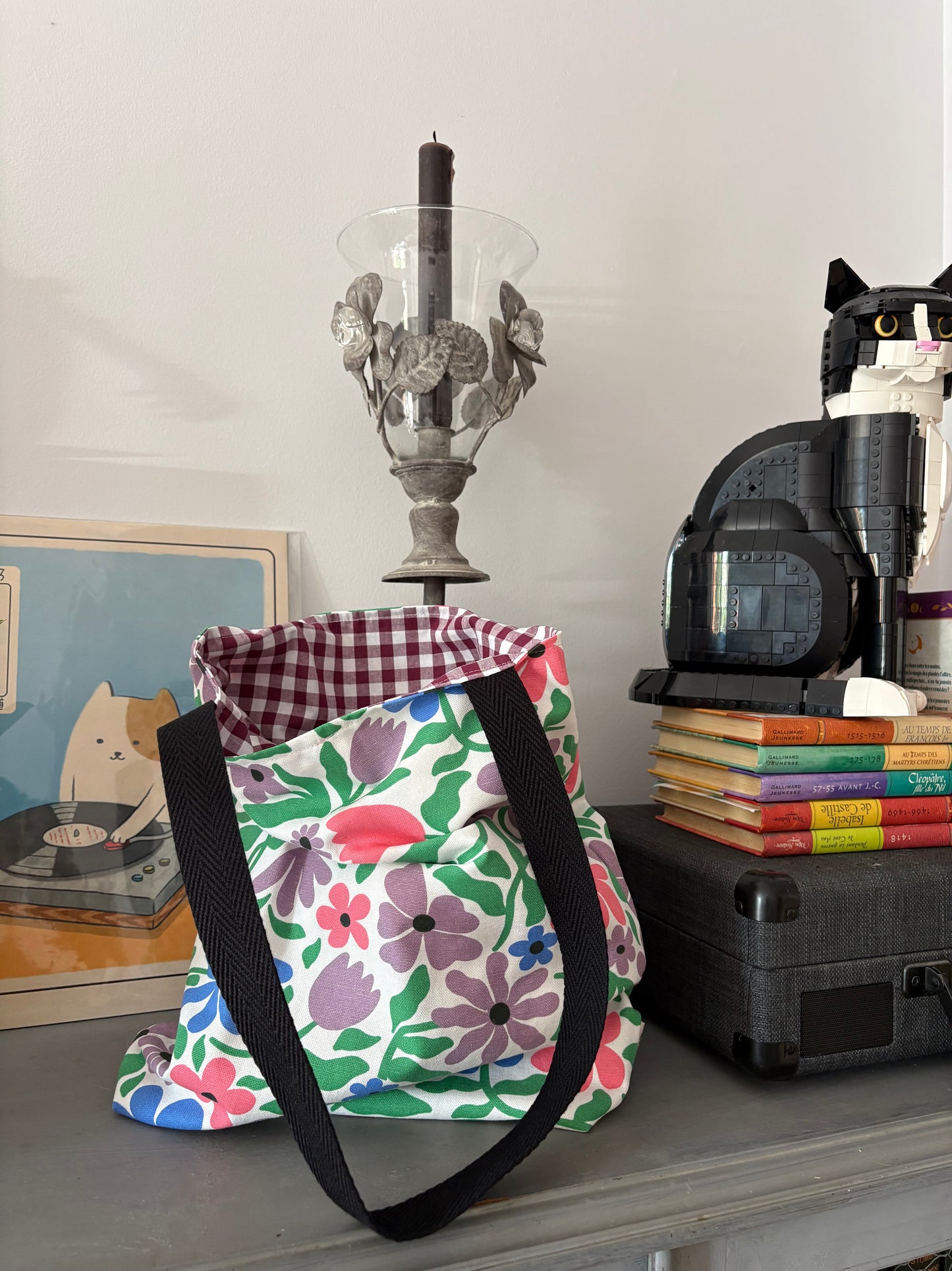 Tote bag de algodón con neceser extraíble flores lilas - hecho a mano