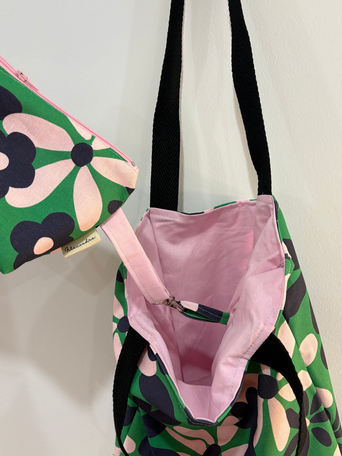 Tote bag de algodón con neceser extraíble margaritas grandes - hecho a mano en Barcelona