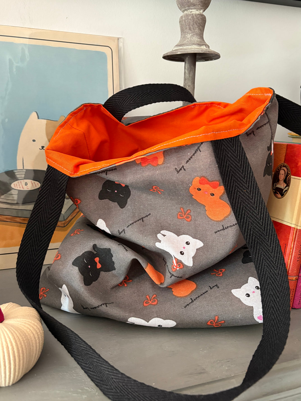 Tote bag de algodón con neceser extraíble gatos de otoño - hecho a mano en Barcelona