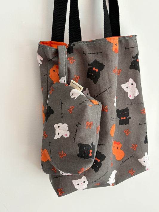 Tote bag de algodón con neceser extraíble gatos de otoño - hecho a mano en Barcelona